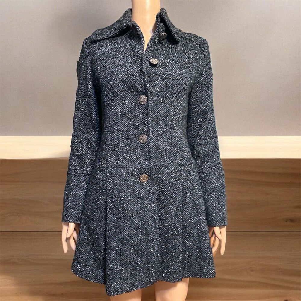 Guess Los Angeles Vintage Blue Black Wool Silk Blend Tweed Peacoat Tweed Button